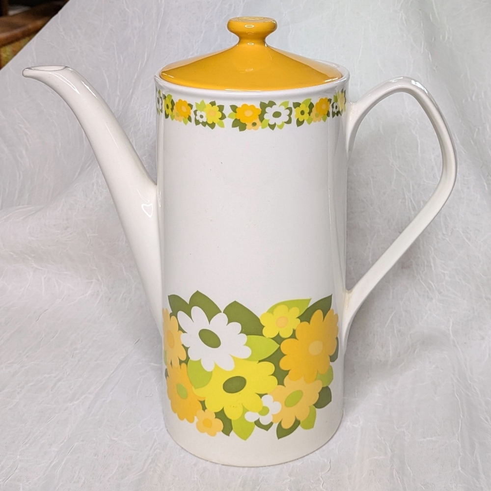 Johnson Brothers MCM Ceramic Coffee Pot with Yellow Lid And Floral Details